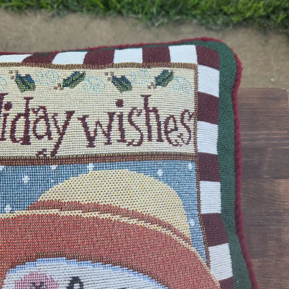 Vintage 18x18 Snowman Tapestry Pillow Hugs Kisses Holiday Wishes Double Sided
